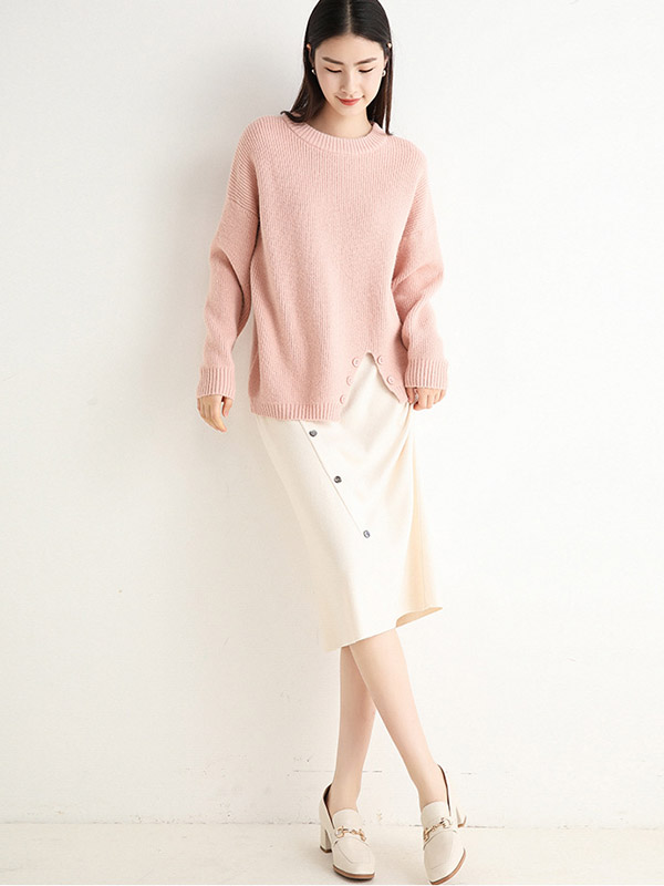 Apricot Oblique Button Wrap Maxi Knitted Skirts