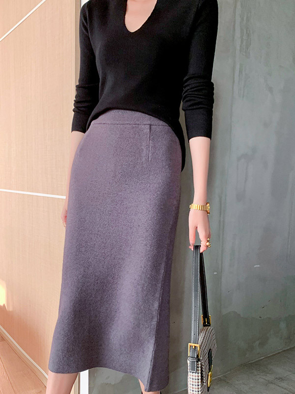 Dark Grey Elegant One-step Maxi Knitted Pencil Skirts