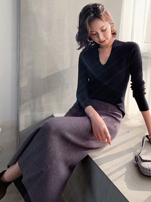 Dark Grey Elegant One-step Maxi Knitted Pencil Skirts