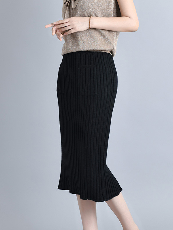 Black Knit Wrap Skirts With Stripe Texture