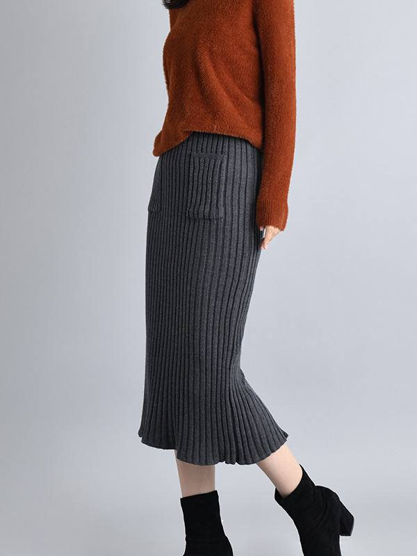 Grey Knit Wrap Skirts With Stripe Texture