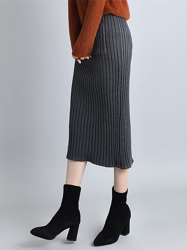 Grey Knit Wrap Skirts With Stripe Texture