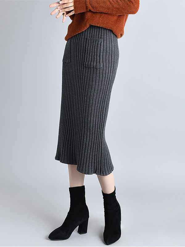 Grey Knit Wrap Skirts With Stripe Texture