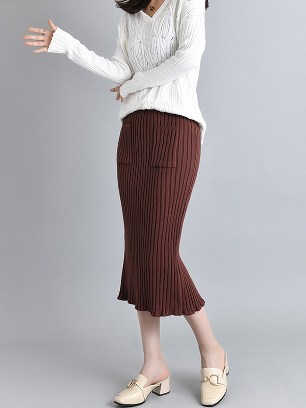 Brown Knit Wrap Skirts With Stripe Texture