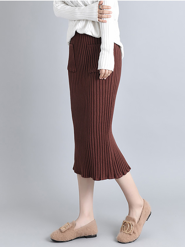 Brown Knit Wrap Skirts With Stripe Texture