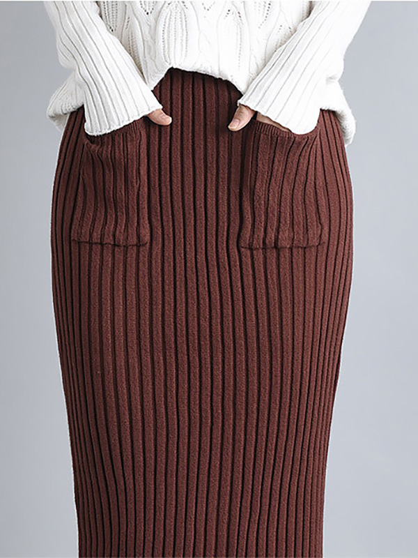 Brown Knit Wrap Skirts With Stripe Texture