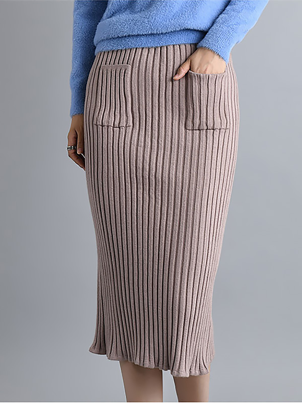 Camel Knit Wrap Skirts With Stripe Texture