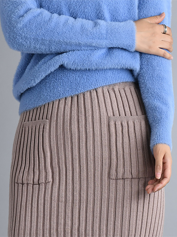 Camel Knit Wrap Skirts With Stripe Texture