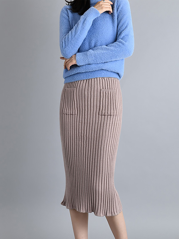 Camel Knit Wrap Skirts With Stripe Texture