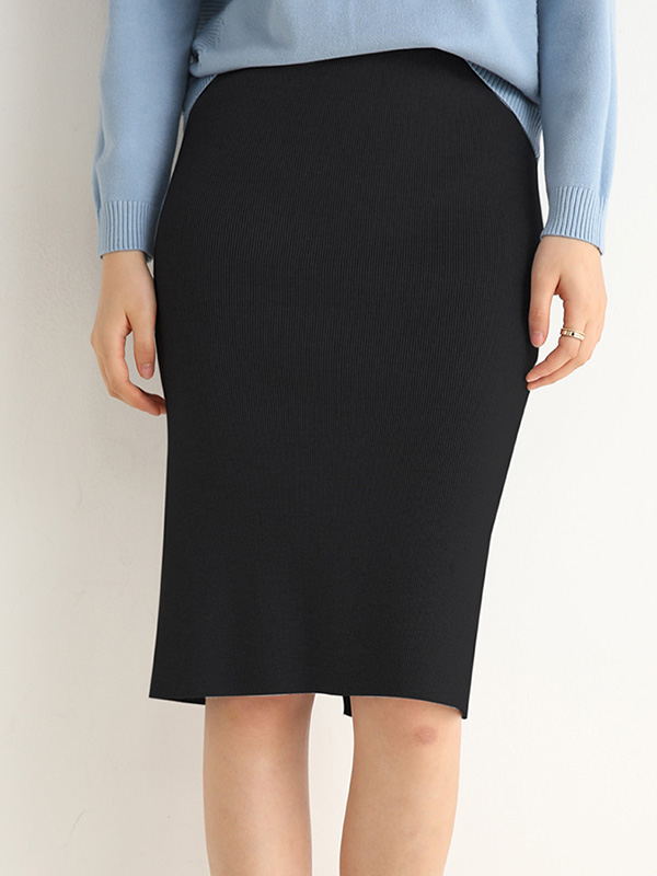 Black Midi Knitted Wrap Skirts With Back Split