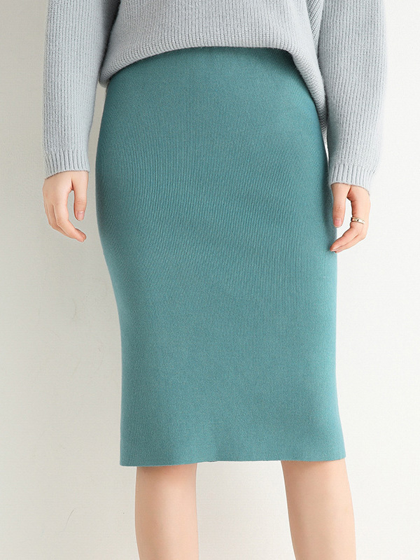 Green Midi Knitted Wrap Skirts With Back Split