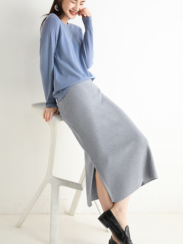 Grey Basic Outfit Maxi Knitted Skirts