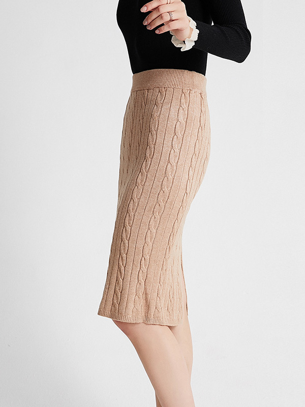 Khaki Twist Pattern Midi Knitted Skirts