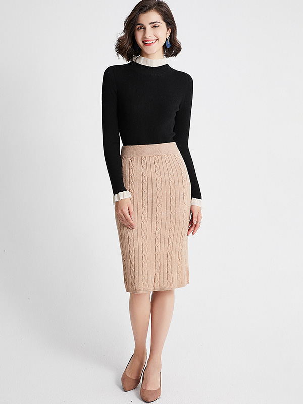 Khaki Twist Pattern Midi Knitted Skirts