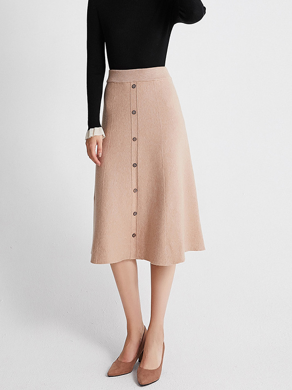 Khaki Pleated A-line Maxi Knit Skirts