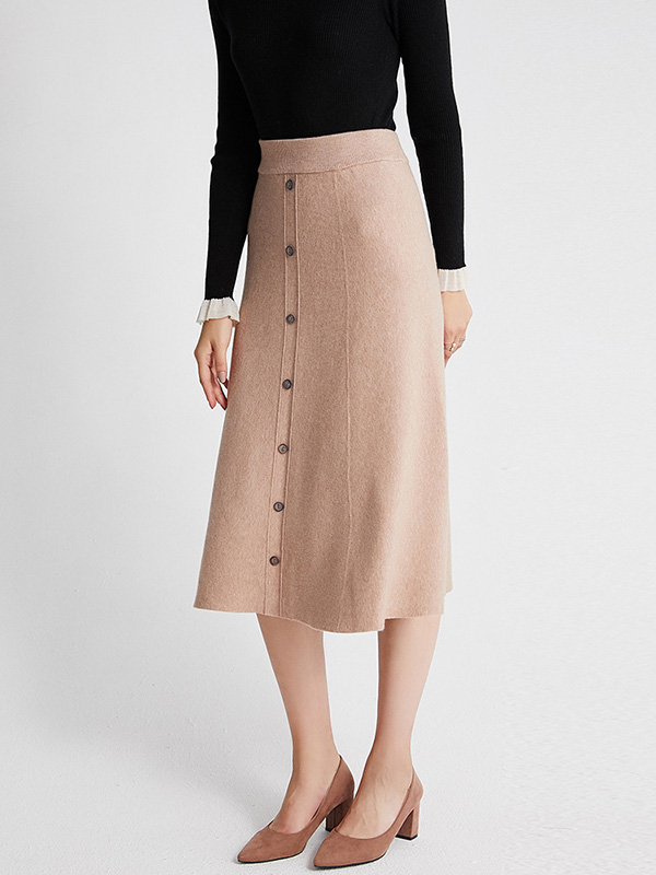 Khaki Pleated A-line Maxi Knit Skirts