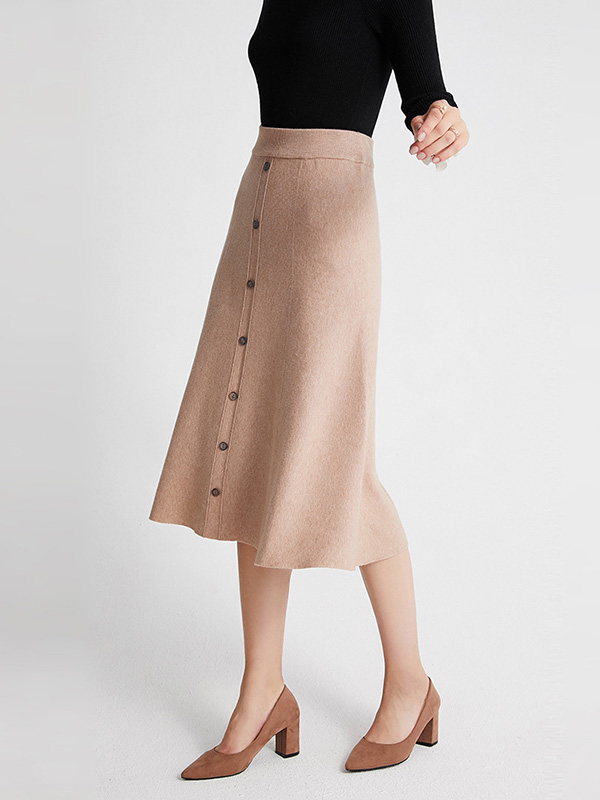 Khaki Pleated A-line Maxi Knit Skirts