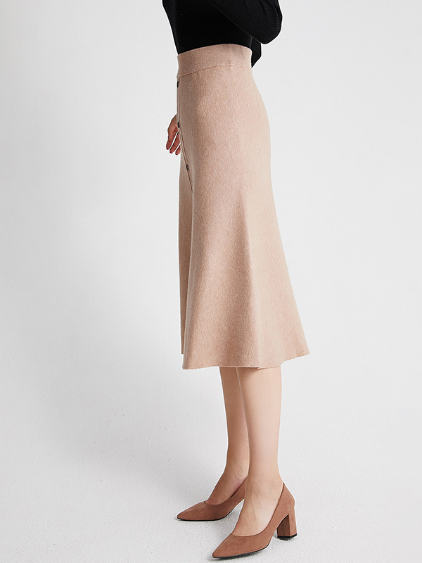 Khaki Pleated A-line Maxi Knit Skirts