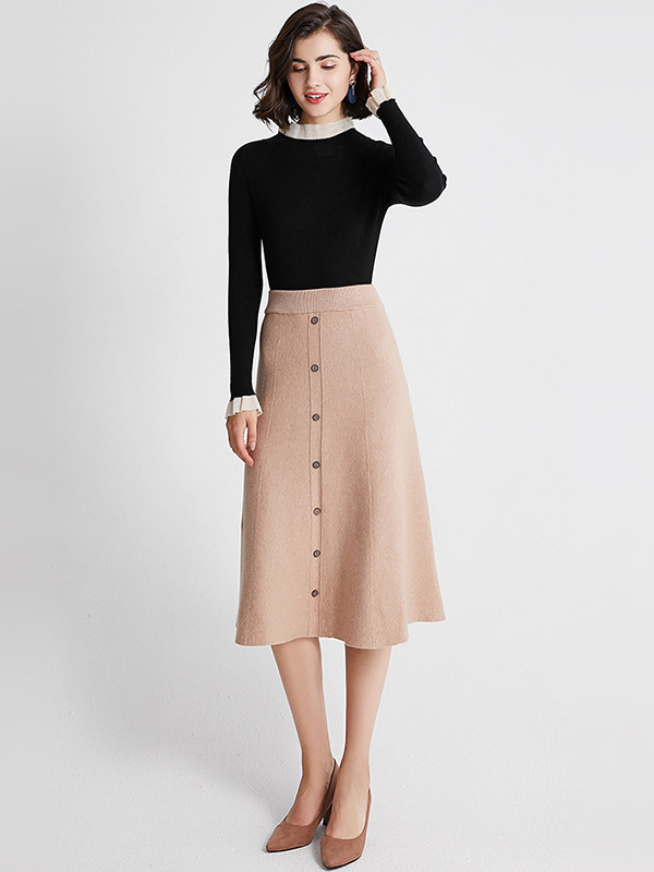 Khaki Pleated A-line Maxi Knit Skirts