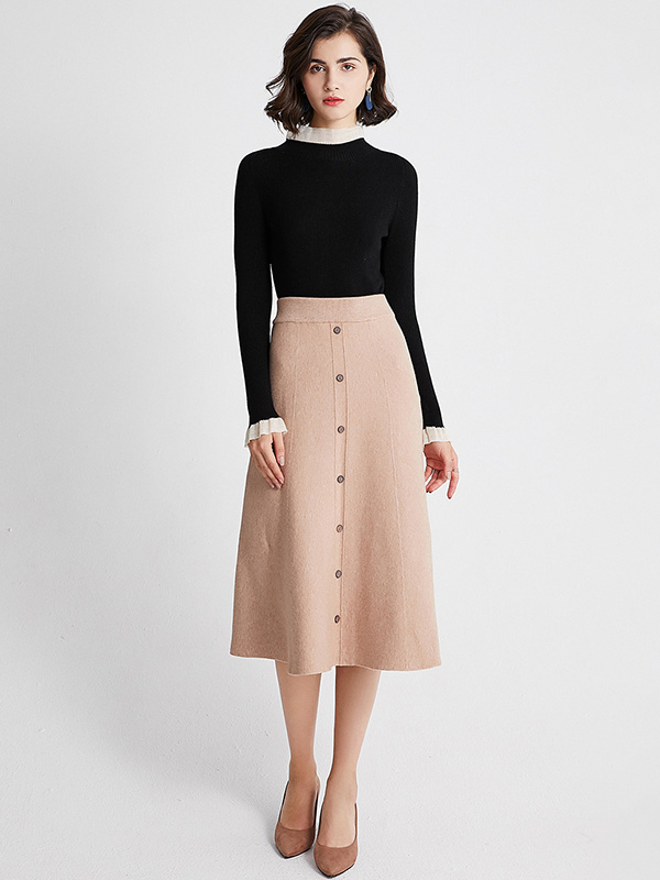 Khaki Pleated A-line Maxi Knit Skirts