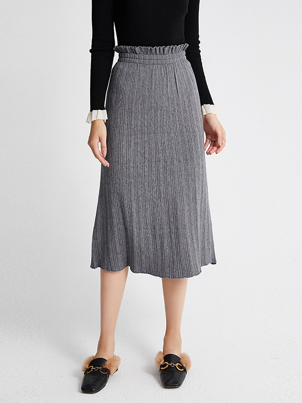 Grey Basic Knit Skirts With Flower Bud Waist