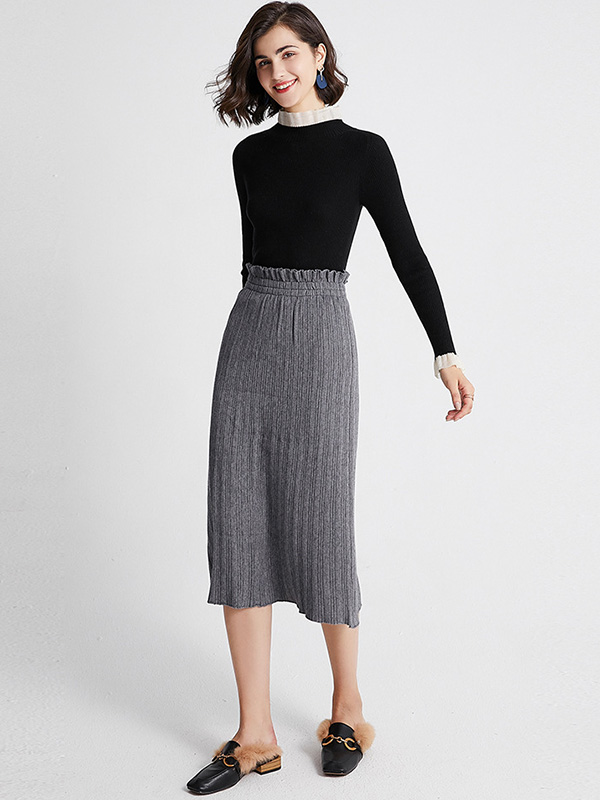 Grey Basic Knit Skirts With Flower Bud Waist