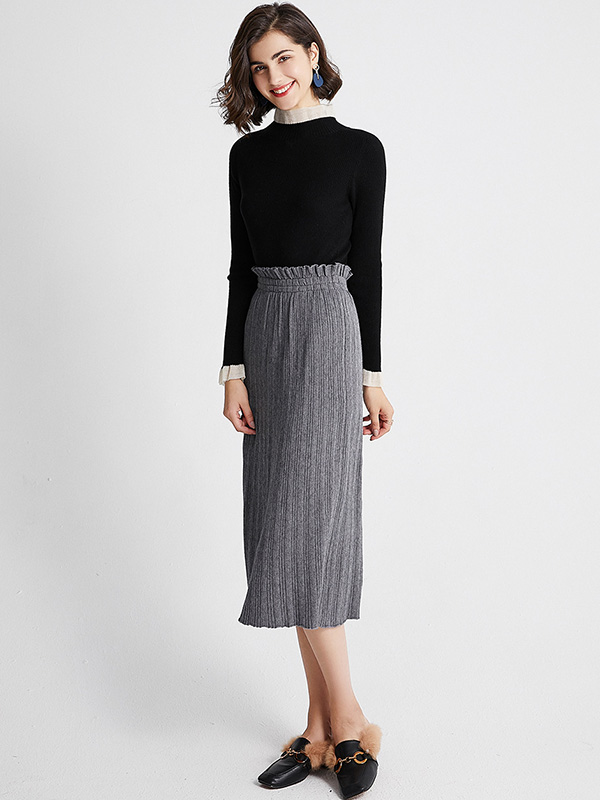 Grey Basic Knit Skirts With Flower Bud Waist