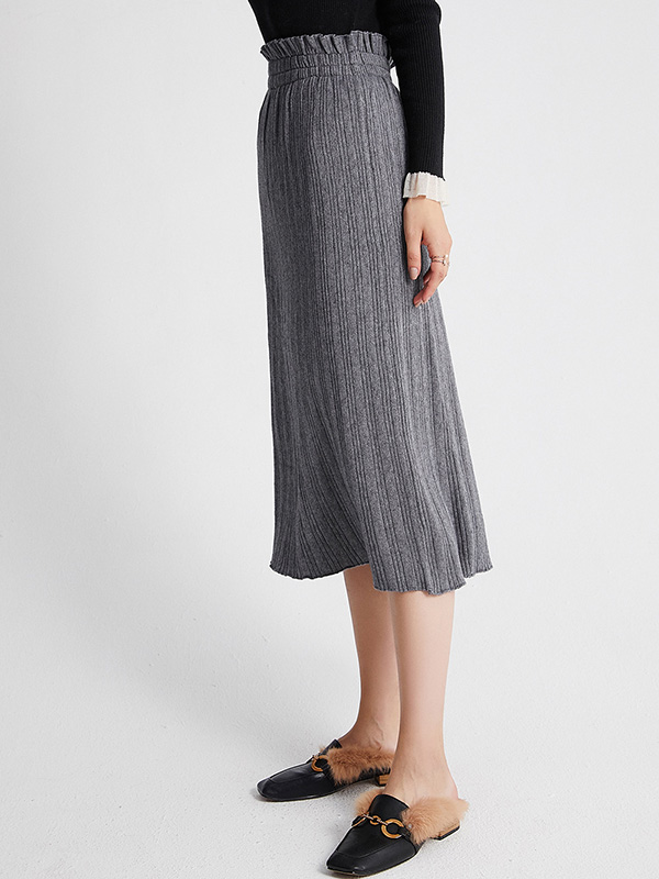 Grey Basic Knit Skirts With Flower Bud Waist