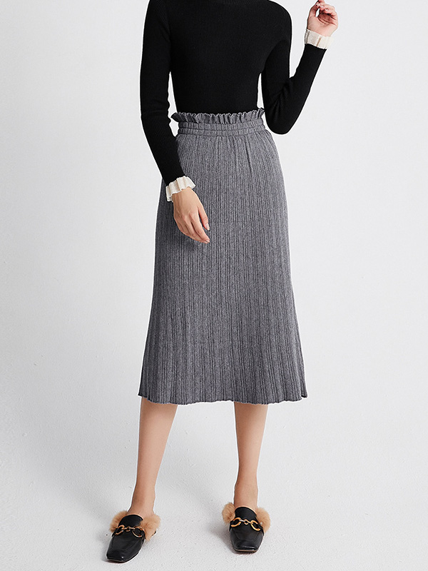 Grey Basic Knit Skirts With Flower Bud Waist