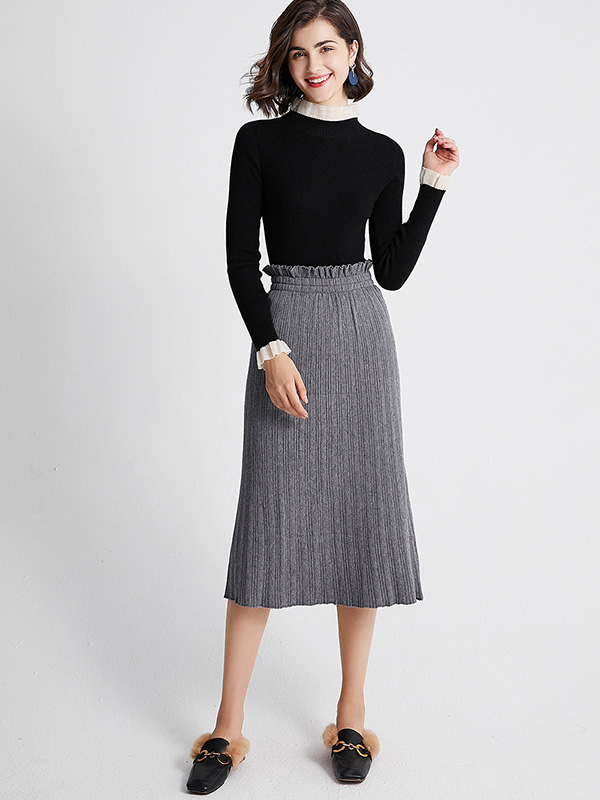 Grey Basic Knit Skirts With Flower Bud Waist