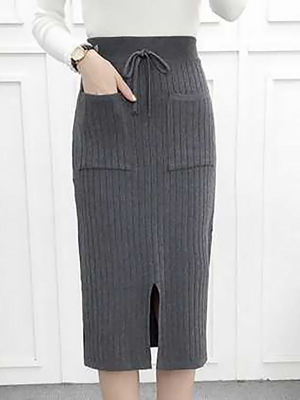 Grey Front Split Design Knitted Skirts