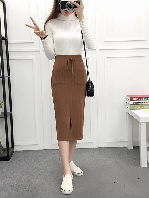 Khaki Front Split Design Knitted Skirts