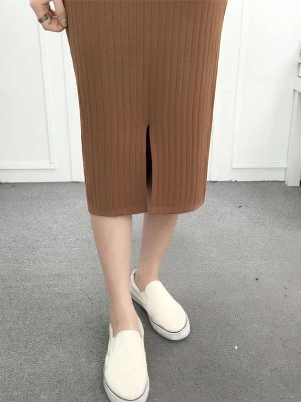 Khaki Front Split Design Knitted Skirts