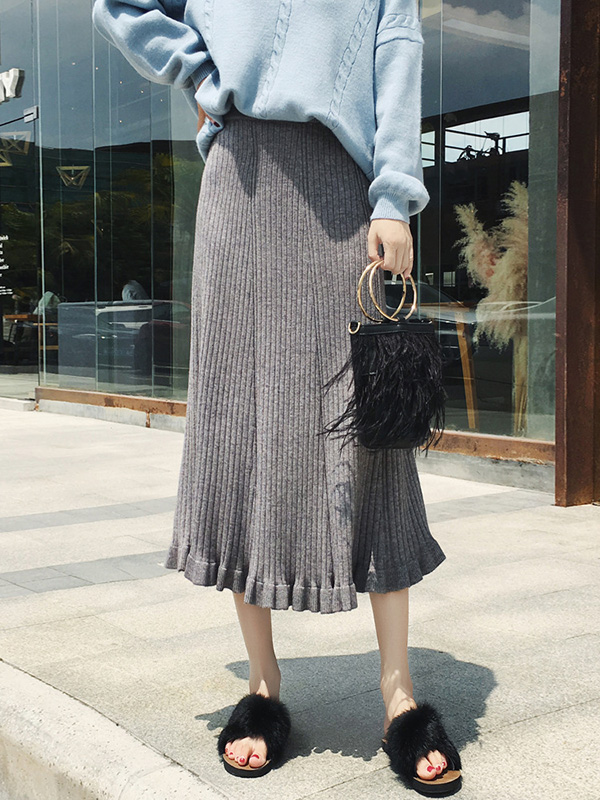 Grey Lotus Leaf Edge Knitted Skirts