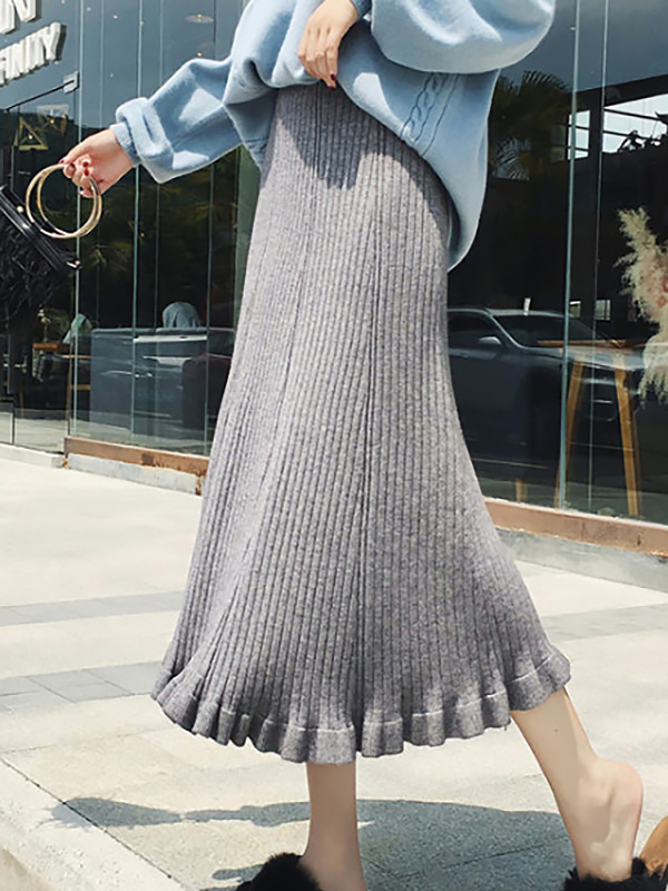 Grey Lotus Leaf Edge Knitted Skirts