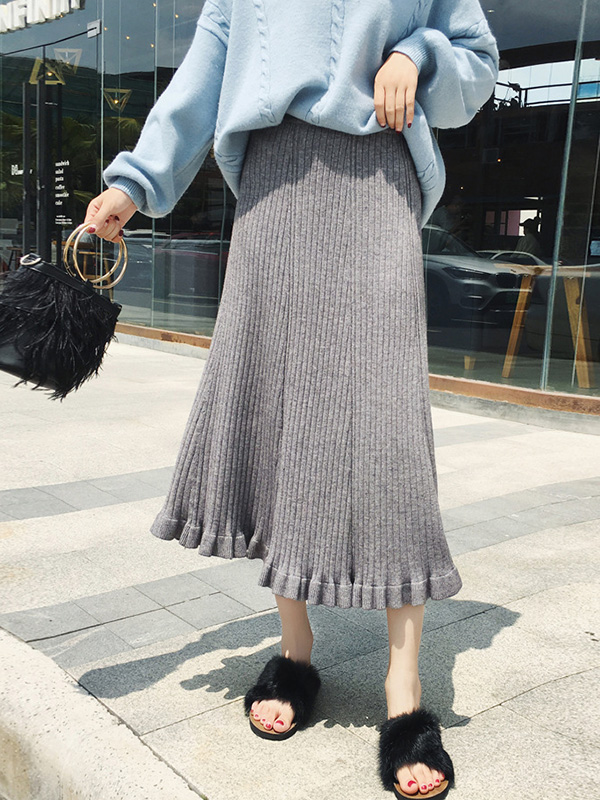 Grey Lotus Leaf Edge Knitted Skirts