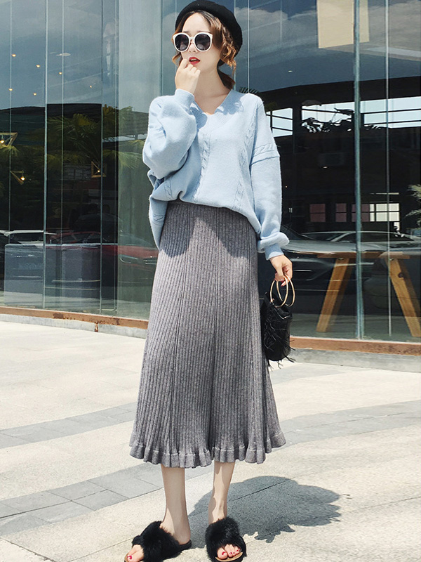 Grey Lotus Leaf Edge Knitted Skirts