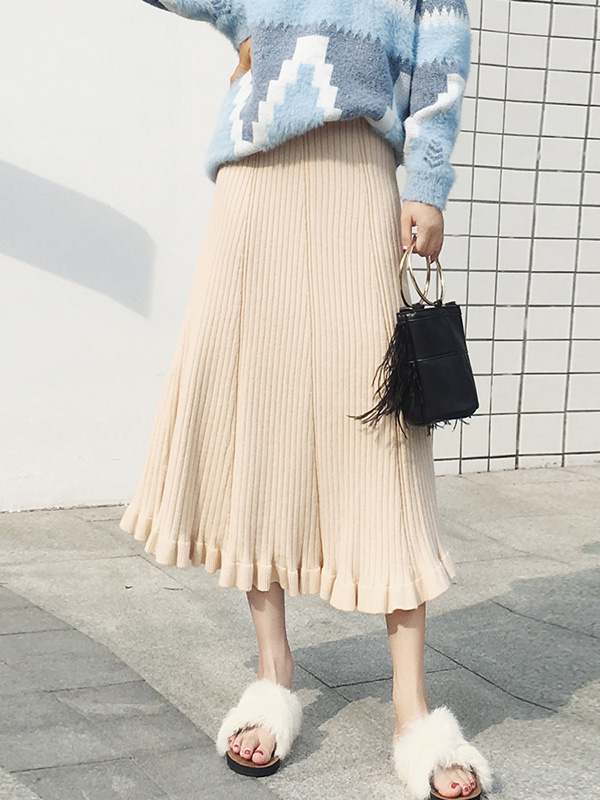 Apricot Lotus Leaf Edge Knitted Skirts