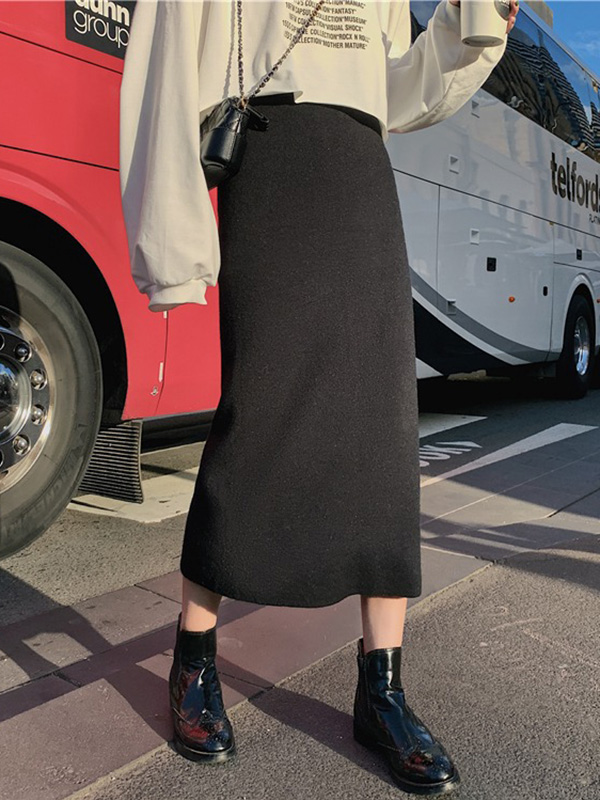 Black Fine Knitted High-waist Maxi Knit Skirts