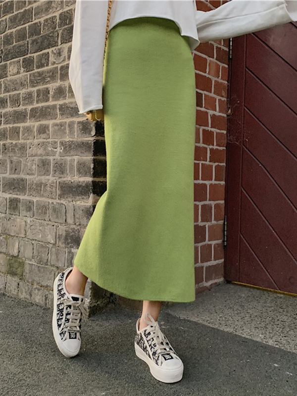 Green Fine Knitted High-waist Maxi Knit Skirts