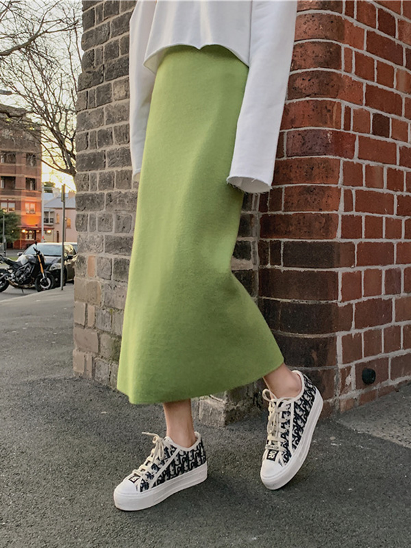 Green Fine Knitted High-waist Maxi Knit Skirts