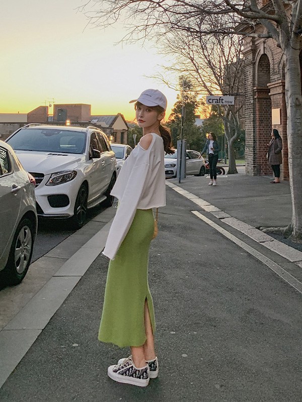 Green Fine Knitted High-waist Maxi Knit Skirts