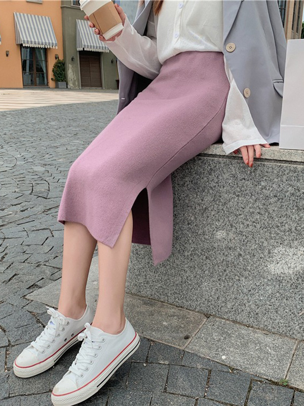 Pink Fine Knitted High-waist Maxi Knit Skirts