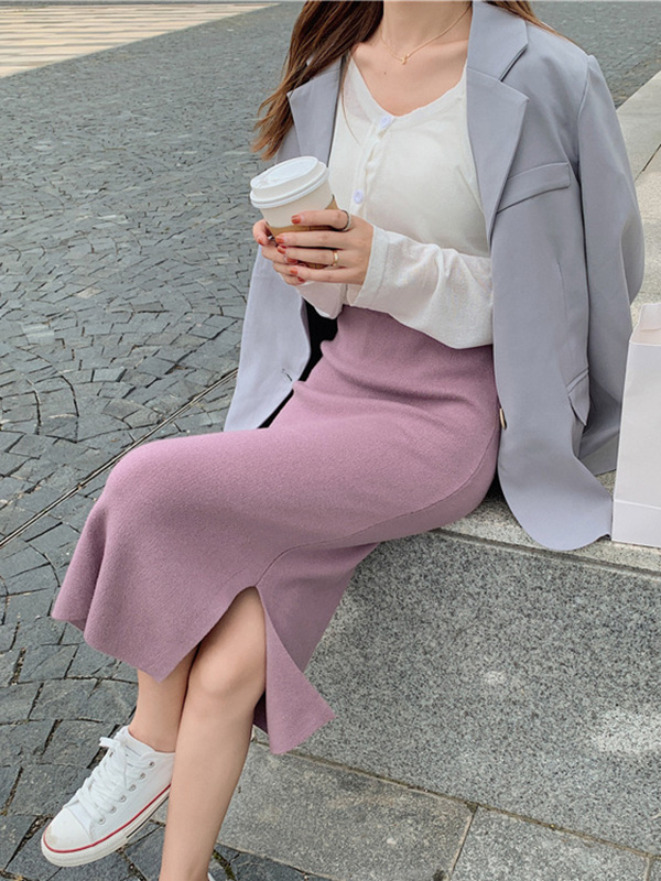 Pink Fine Knitted High-waist Maxi Knit Skirts