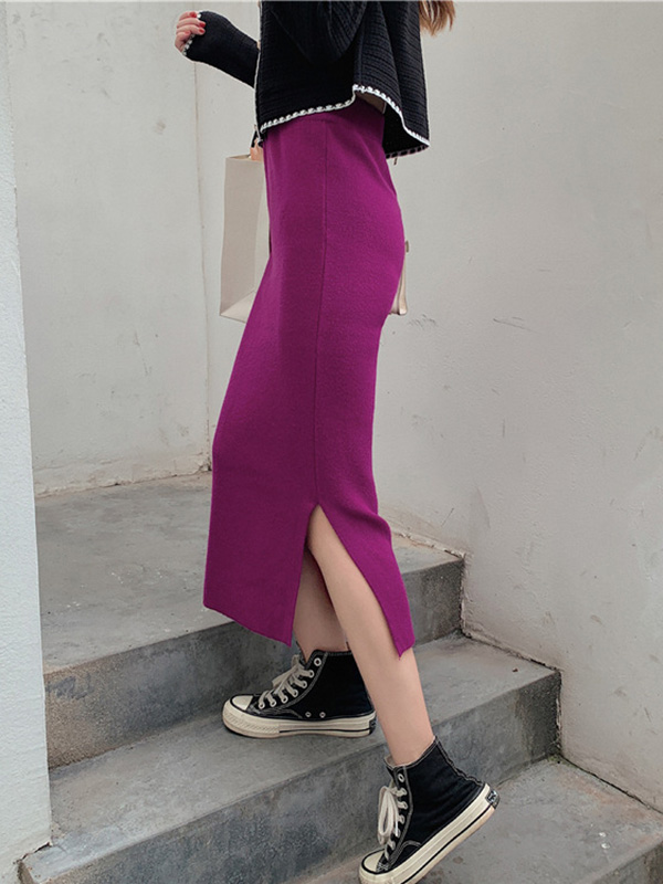 Rose Purple Fine Knitted High-waist Maxi Knit Skirts