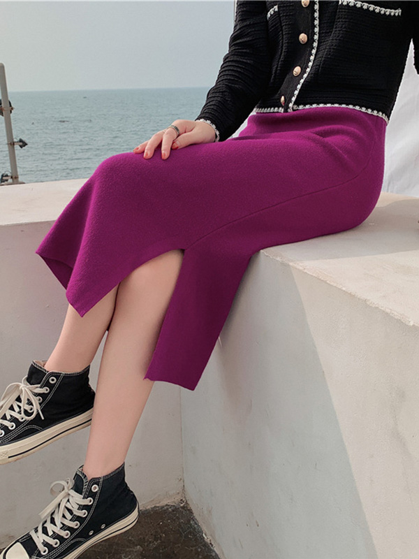 Rose Purple Fine Knitted High-waist Maxi Knit Skirts