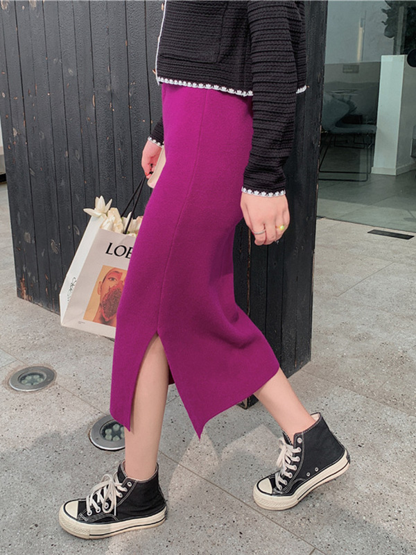 Rose Purple Fine Knitted High-waist Maxi Knit Skirts