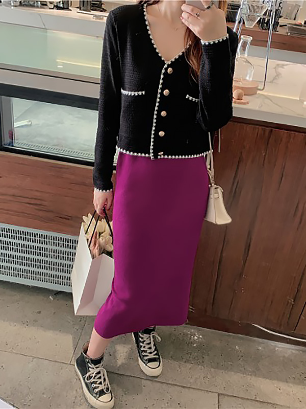 Rose Purple Fine Knitted High-waist Maxi Knit Skirts