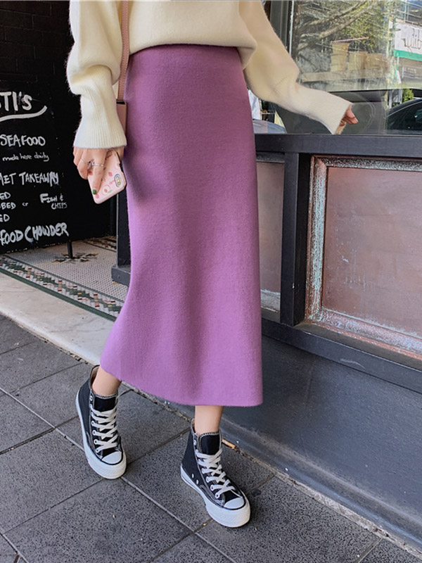 Purple Fine Knitted High-waist Maxi Knit Skirts