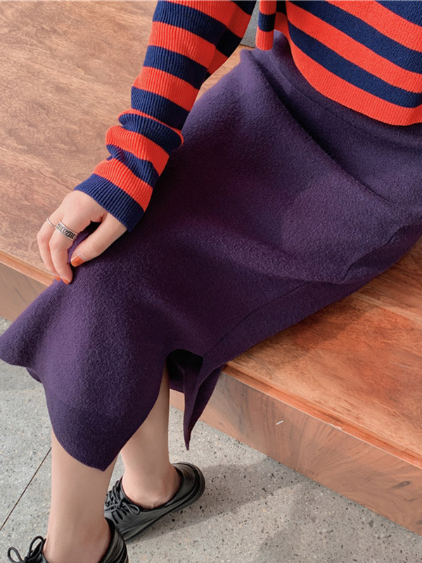 Dark Purple Fine Knitted High-waist Maxi Knit Skirts